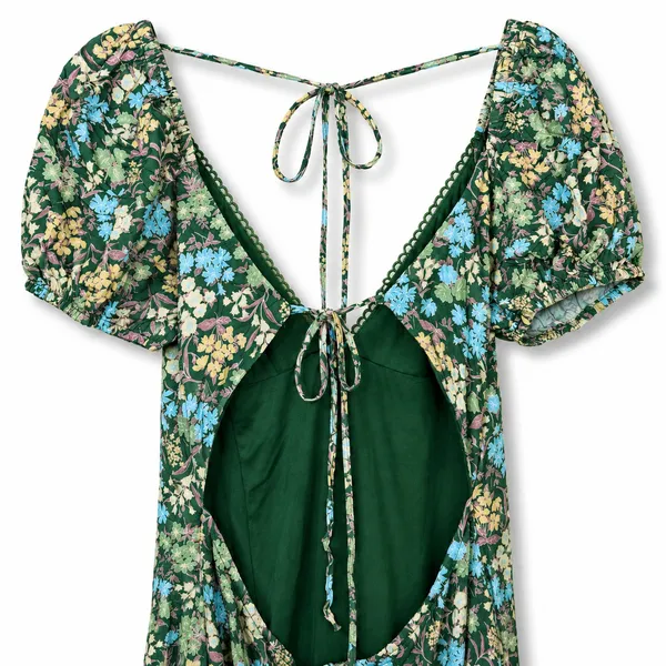 NEW Lulus Meadow Muse Green Floral Tie-Back Puff Sleeve Cottagecore Midi Dress - Image 9