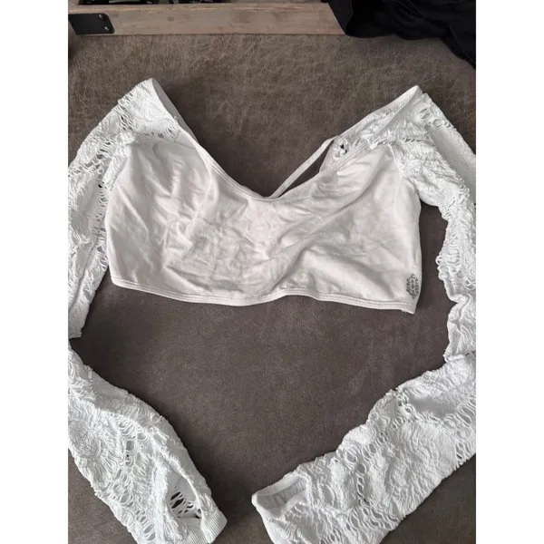 Free People Movement Say The Word Shrug White M/L Pointelle Lace Thumbhole Crop - Image 4