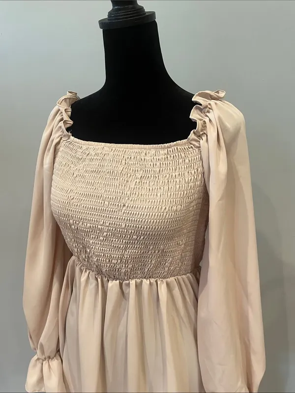 Beige long sleeve smocked dress - Image 2