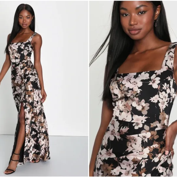 LULU's Floral Sexy Romantic Flowy Floral Wedding Formal Event Satin Maxi Dress - Image 4