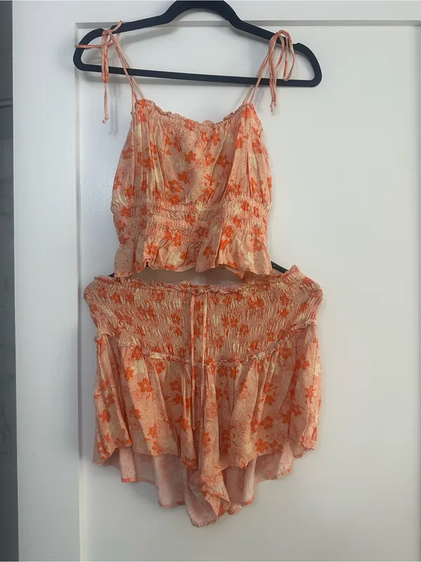 Floral Ruffle Smocked Pink-Orange Set - Image 3