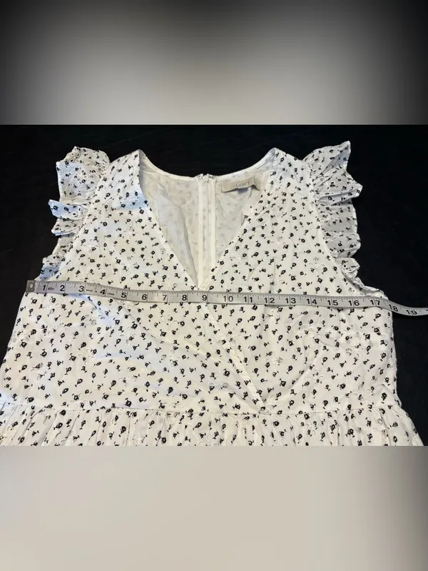 LOFT NWT White Mini Dress with Black Floral Print size 6 v-neck, ruffle sleeves - Image 10