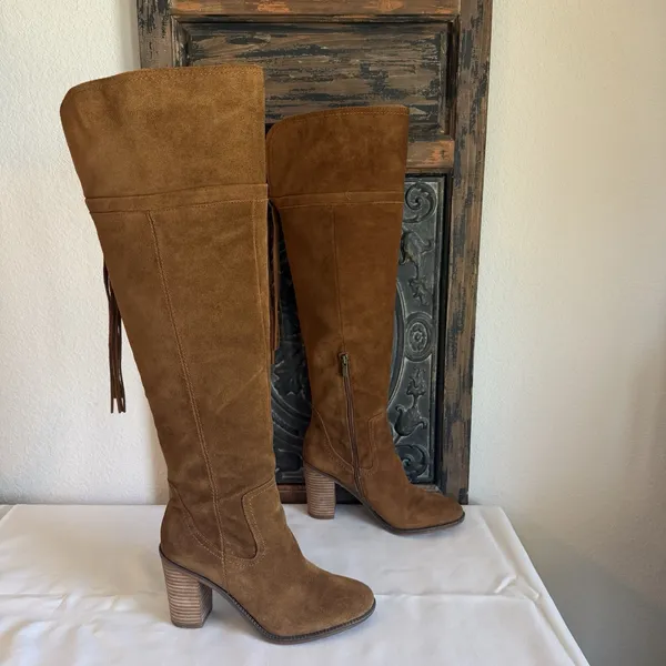Franco Sarto Elnora Tall Suede Over The Knee Boots Brown Boho Fringe Tassel Sz 9 - Image 10