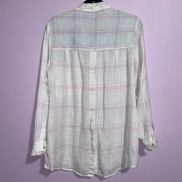 Free People No Limits Linen Button Up Women M White Lavender Plaid Beachy Boho - Image 6