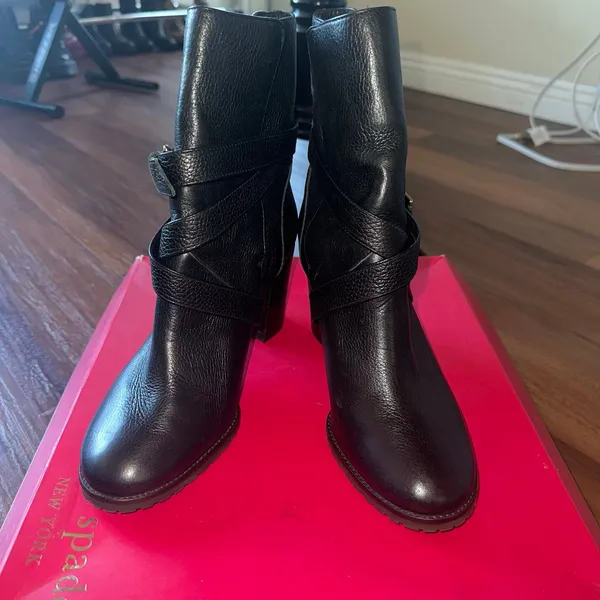 Kate spade Layne black leather chunky buckle stacked heel booties women size 8.5 - Image 3