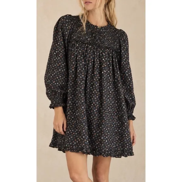 DOEN Knoll Parc Monceau Ditzy Floral Pintuck Puff Sleeve Mini Dress Black S - Image 3