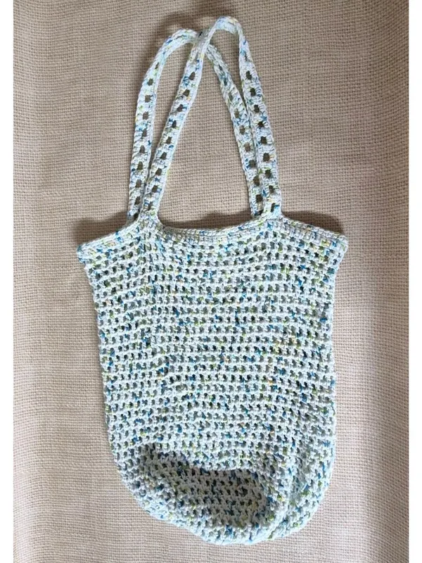 Handmade Crochet Tote Bag White Blue Green Boho Beach Market Shoulder Purse - Image 5