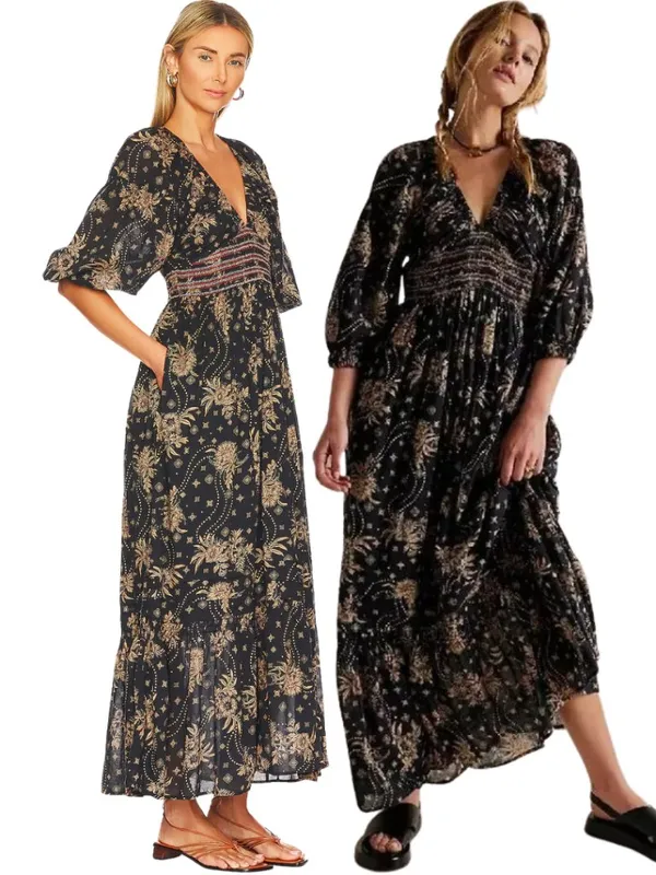 Free People Golden Hour Floral Maxi Dress Women's XS Black Ruffle Smocked Boho - Image 3