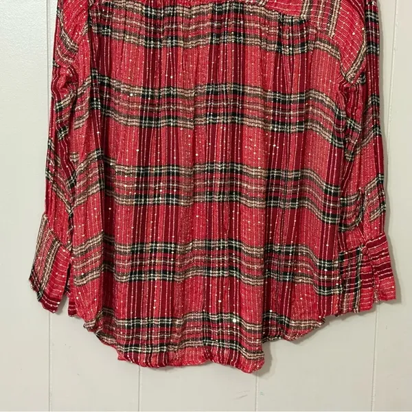Free People Fearless Love Tunic XS Red Plaid Metallic Bell Sleeve Boho Top - Image 12