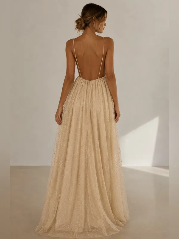 Beginning Boutique NWOT Faeriesty V-Neck Glitter Maxi Dress – Champagne/Gold – L - Image 3
