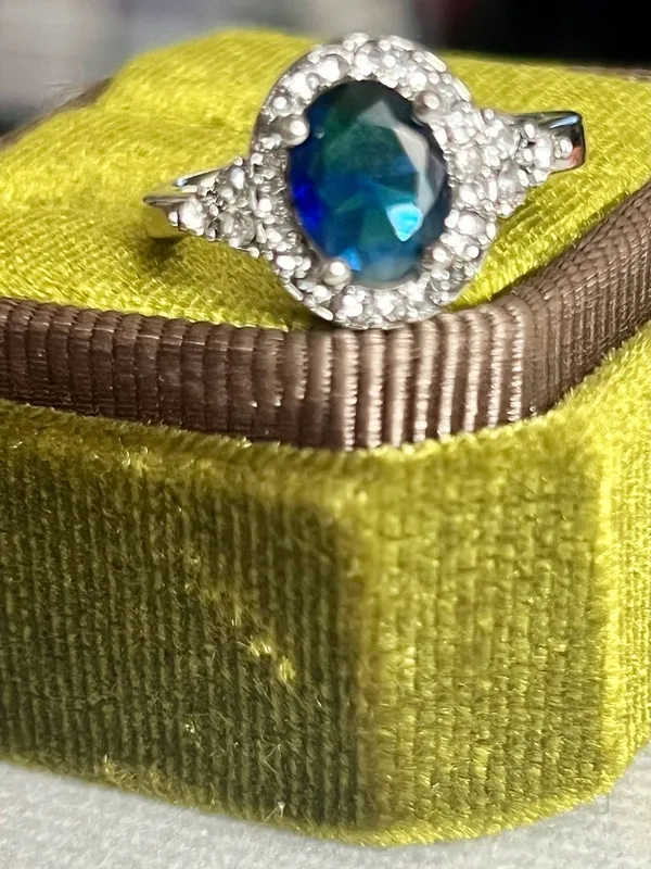 Oval Blue Gemstone Ring with CZ Diamond Halo Titanium Steel Silver Band Size 8 - Image 3