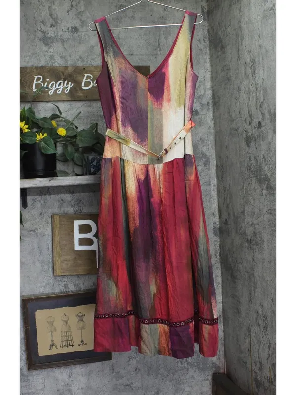 NWT DKNY Womens Abstract V-Neck Belted Dress Midi Brush Stroke Brown Multi 10 - Image 6