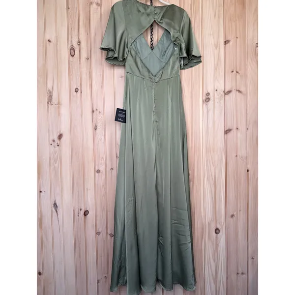 NWT Lulus Elegant Confidence Sage Satin Flutter Sleeve Cutout Maxi Dress Size S - Image 6