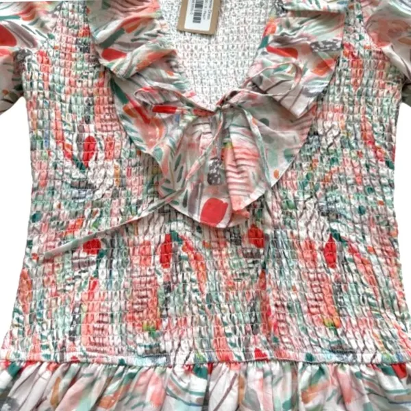 Vestique Sammie Dress Peach Green Floral Smocked Deep V-Neck Mini Small NEW - Image 9