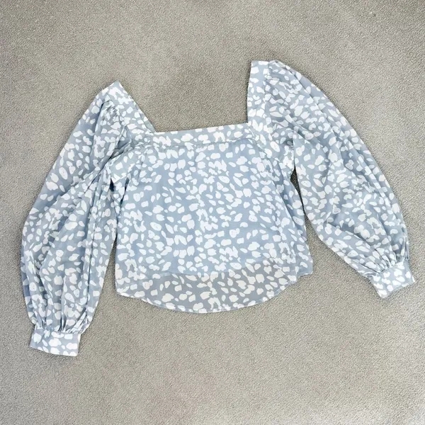 Lucca Petal Print Square‎ Neck Crop Blouse Blue White Large Long Balloon Sleeve - Image 12