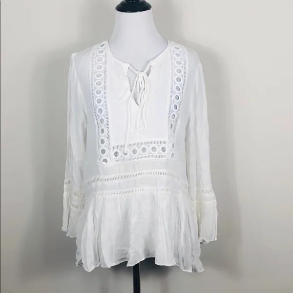Endless Rose Crochet Tie Neck Blouse White Bell Sleeve Boho Top Size S NWT - Image 2