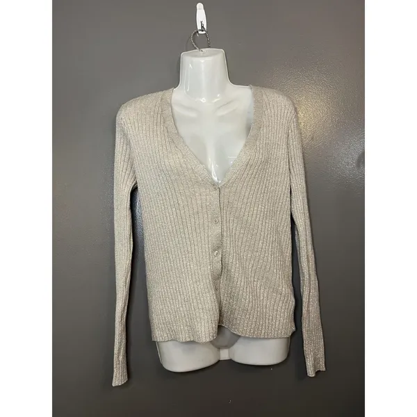 A New Day Sweater Womens Large Beige Metallic Ribbed Button Front Cardigan - Image 2