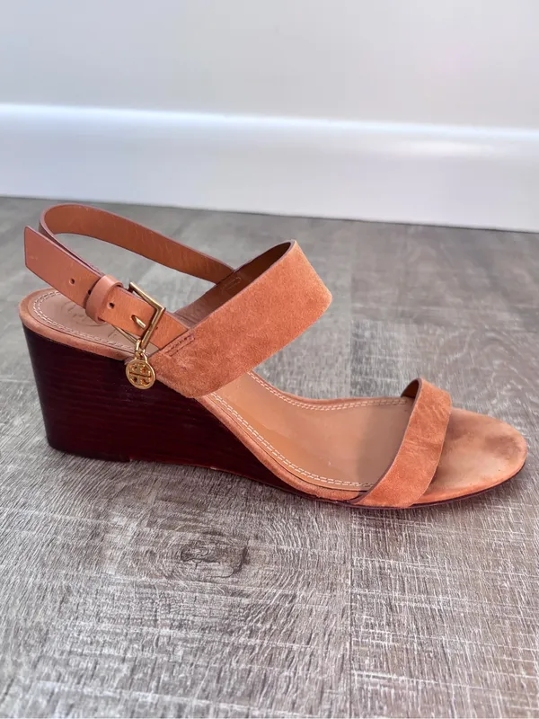 Tory Burch Mini Benton Wedged Sandal Ambra Tan Suede Leather Women’s Size 9 - Image 2
