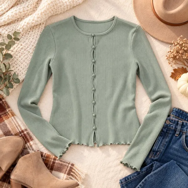 Universal Thread Sage Green Ribbed Lettuce Edge Button Front Cardigan Top S - Image 3