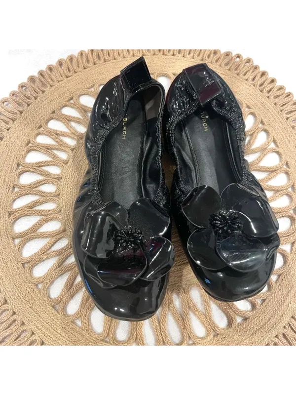 Tory Burch Floral Applique Patent Leather Ballet Flats Size 8 Black - Image 2