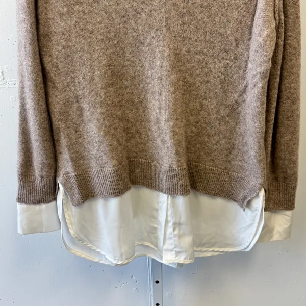 Magaschoni 100% Cashmere Layered Look‎ V-Neck Sweater Taupe White Trim Large - Image 5