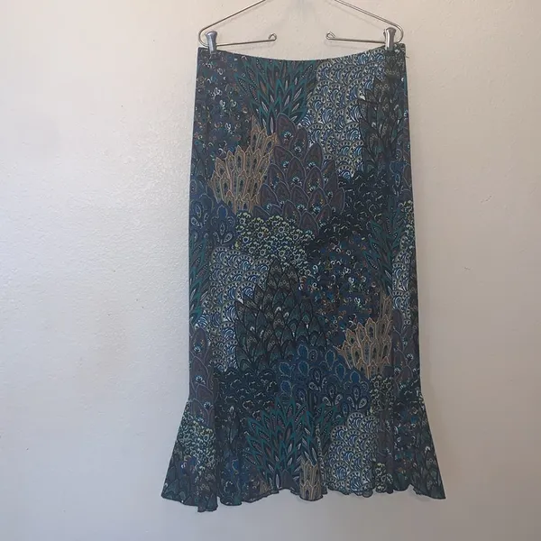Miss Ashley Peacock Print Ruffle Bottom Stretchy Maxi Office Skirt - Image 5