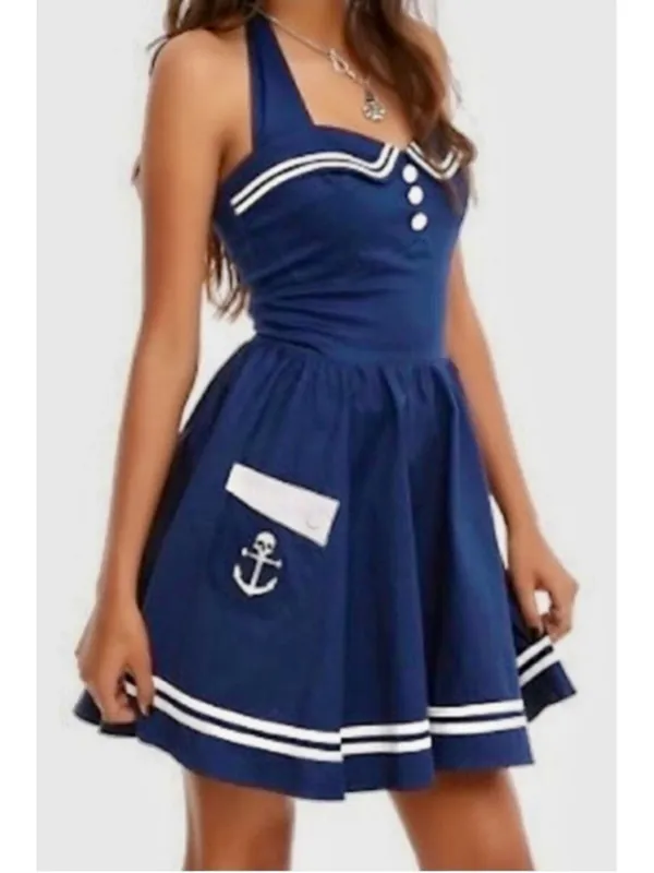 Hell Bunny Navy White Sailor Mini Dress Women's Size S - Image 5