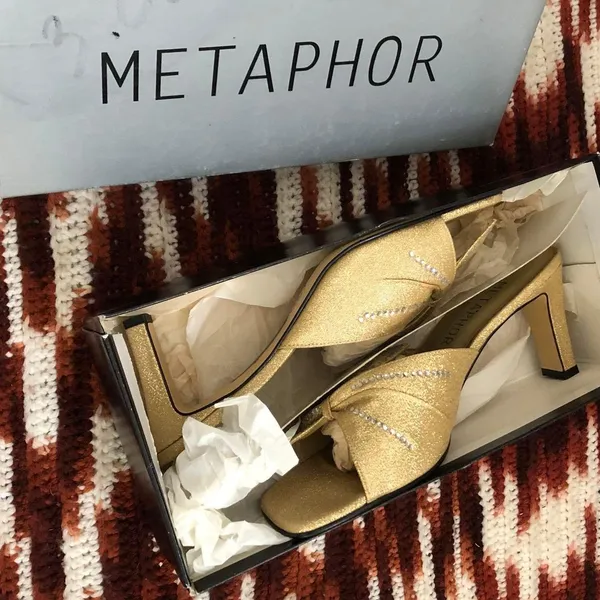 Vintage Metaphor Gold Glitter Glam Rhinestone Party Glamour Evening Kitten Heels Pumps Mules Genuine Leather Square Toe Size 9M - Image 4