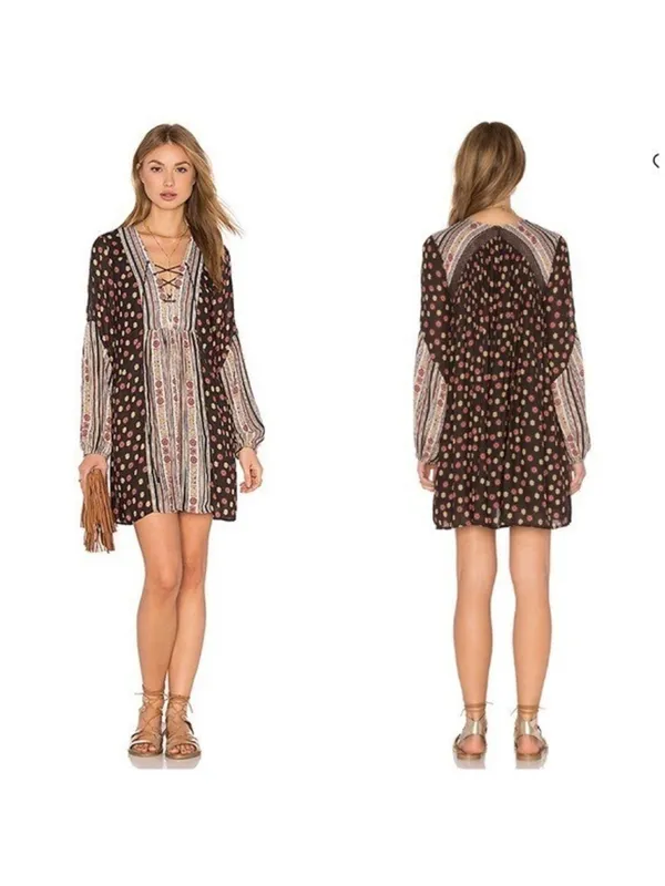 Free People Rain or Shine Pebble Bohemian Lace-Up Tunic Mini Dres Women's Size M - Image 2