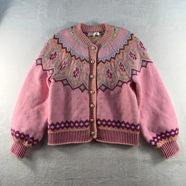 LOVESHACKFANCY S Small Honeypie Boyfriend Cardigan Sweater Pearl Buttons PInk - Image 3