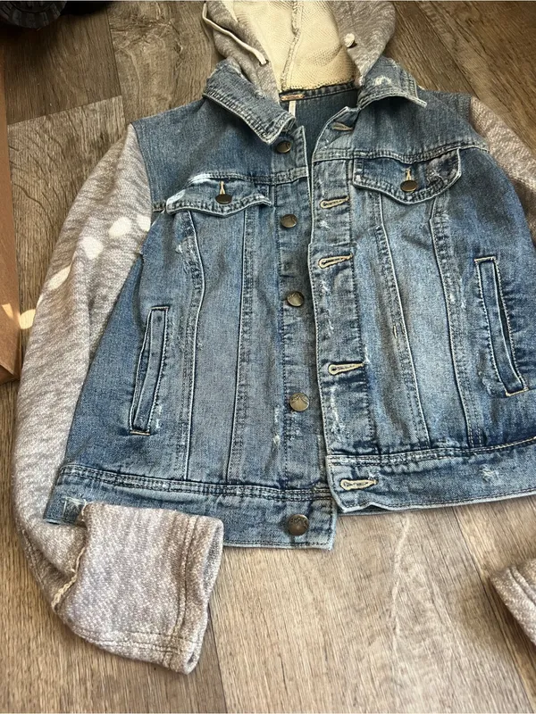 Free People | Distressed Knit Sleeve Denim Jacket S Grunge Hooded‎ Streetwear - Image 7
