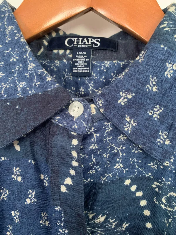 Retro RL Chaps Blue Mixed Media Cotton Button Down - Image 3