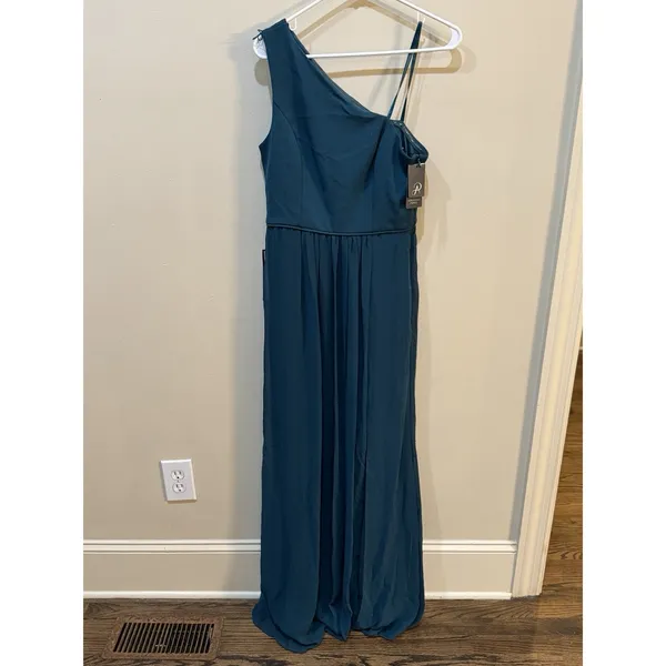 Adrianna Papell One Shoulder Chiffon Long Gown Hunter Size 8 Formal Wedding - Image 3