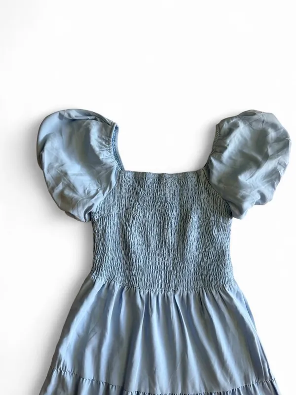 PrettyGarden Light Blue Puff Sleeve Smocked Tiered Dress Small - Image 3