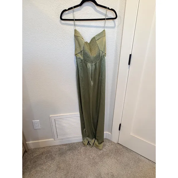 Reformation Barrow Silk Dress Artichoke Green Strapless Maxi Slit Size 8 NWT - Image 6