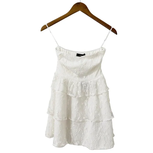 Lulus Sweet Perception White Lace Strapless Tiered Mini Dress size XXS NWT - Image 3