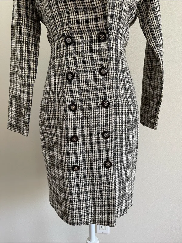 Mystic Black & White Plaid Double-Breasted Mini Dress - Image 3