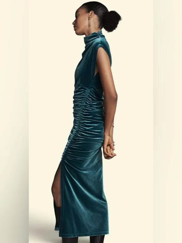 ANTHROPOLOGIE The Maya Stretch Velvet Cowl-Neck Em Teal Velvet Ruched Dress S XL - Image 2