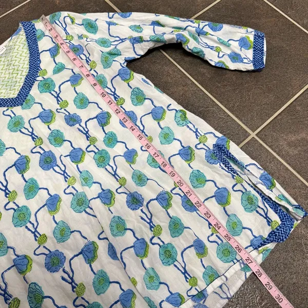 Gretchen Scott Long Sleeve Tunic Top Blouse Floral Blue Green Cotton Medium - Image 9