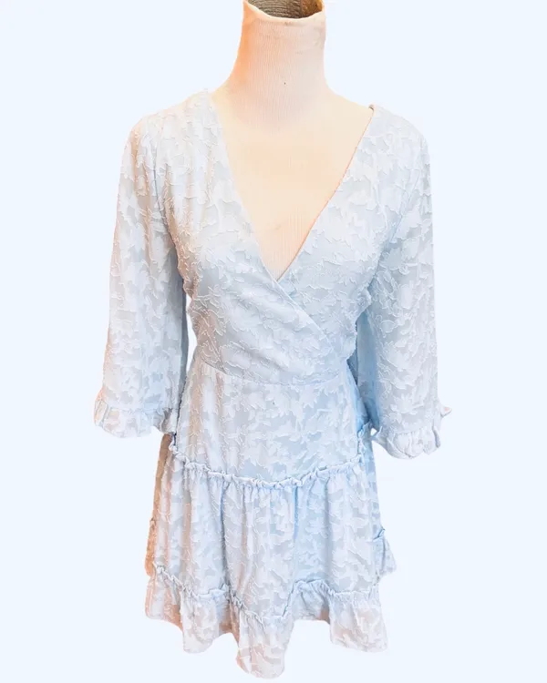 Miss Selfridge ASOS Light Blue Lace Mini Dress Lace Up Back Tiered 6 S - Image 3