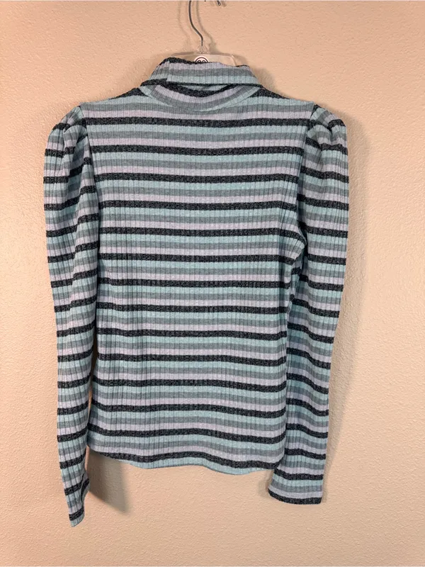 Maeve Anthropologie Blue Striped Puff Shoulder Turtleneck Sweater Womens M Top - Image 2
