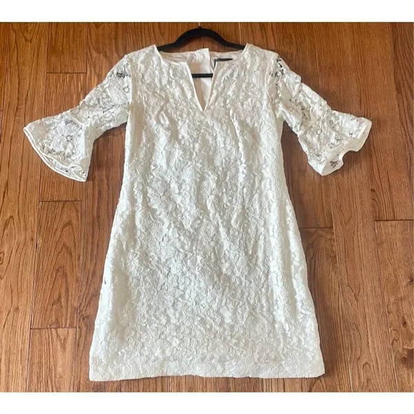 Adrianna Papell white lace notch neck bell sleeve dress - Image 9