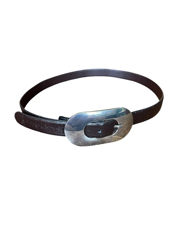 Mango Chocolate Brown Leather Belt Oversized Silver Oval Buckle Large - Image 2