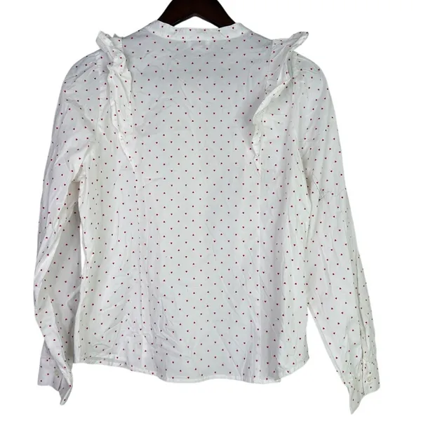 J.Crew Cotton Poplin Ruffle Heart Print Button Down LongSleeve Shirt M White Red - Image 12