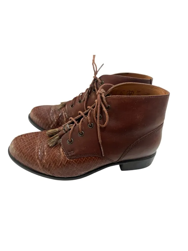 VTG 90s Ariat 16024 Leather Woven Toe Lace Up Ankle Boots Tassel Western 5.5 - Image 2