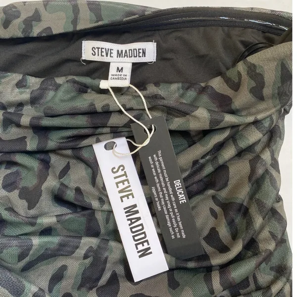 Steve Madden Mesh Tube Dress Army Green Leopard Print Ruched Midi DP28483F ‎ M - Image 3