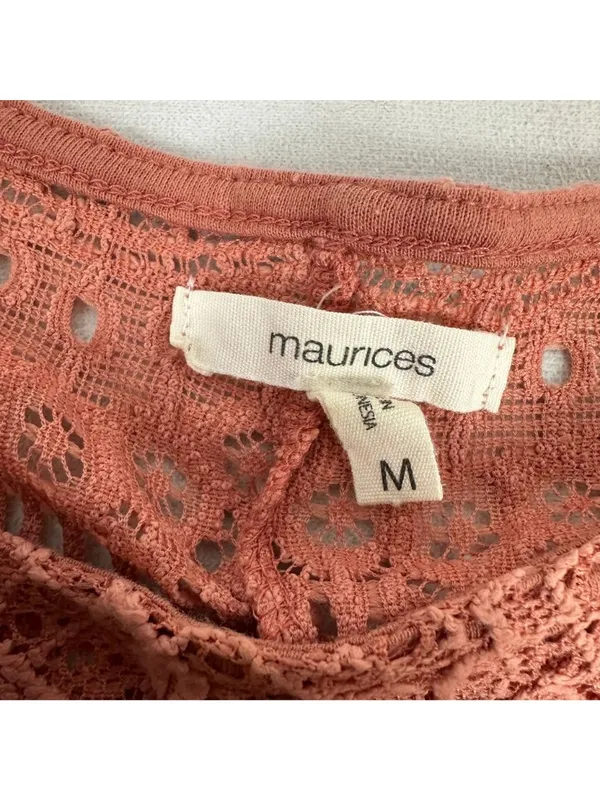 Maurices Womens M Lace Overlay Blouse Rust Short Sleeve Floral Back Slit Nylon - Image 3