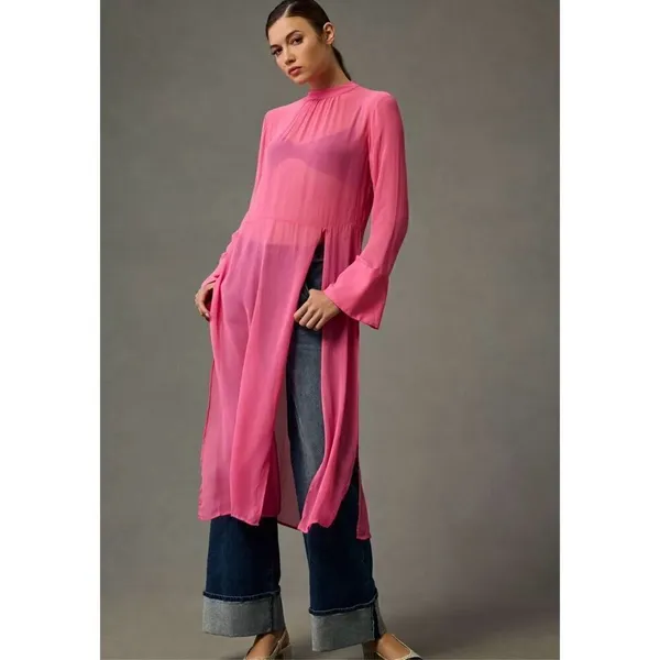 Anthropologie Long Sleeve Sheer Tunic Dress pink, Size xxs - Image 4
