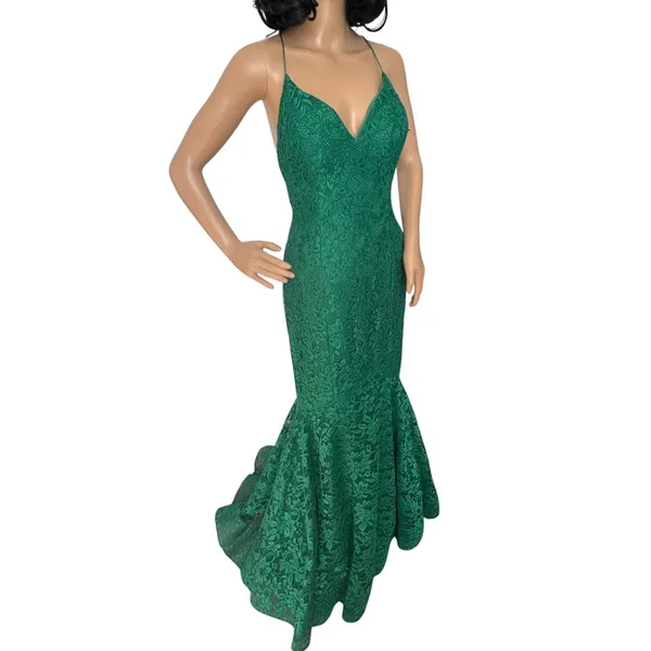 2010s Studio 17 12802 Emerald Beaded Lace Mermaid Prom Gown Open Back Size 8 - Image 6