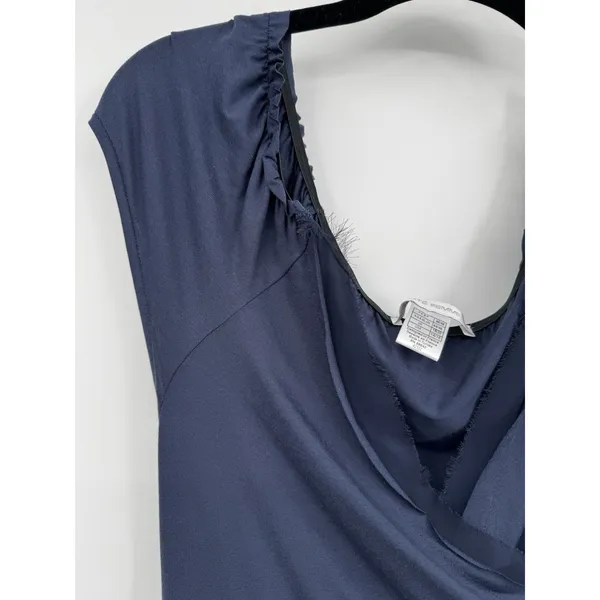 COTE FEMME Navy Blue Wrap Midi Dress Sz 14/16 V-Neck Sheer Trim Preppy Feminine - Image 4